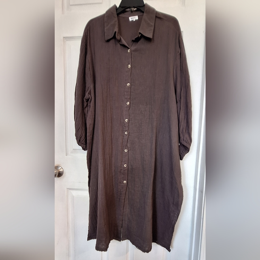 Kensie Plus Size 2X Brown Button Front Shirt Midi Dress Boho Casual